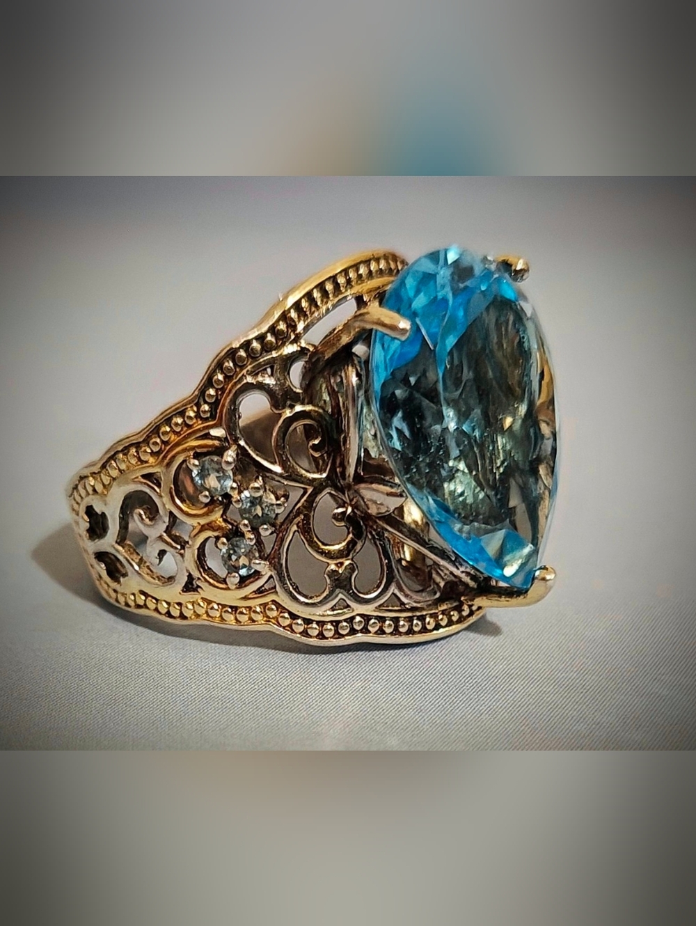 Art Deco Vermiel Sterling Silver HUGE Tear-Drop Blue Topaz Filigree Ring
